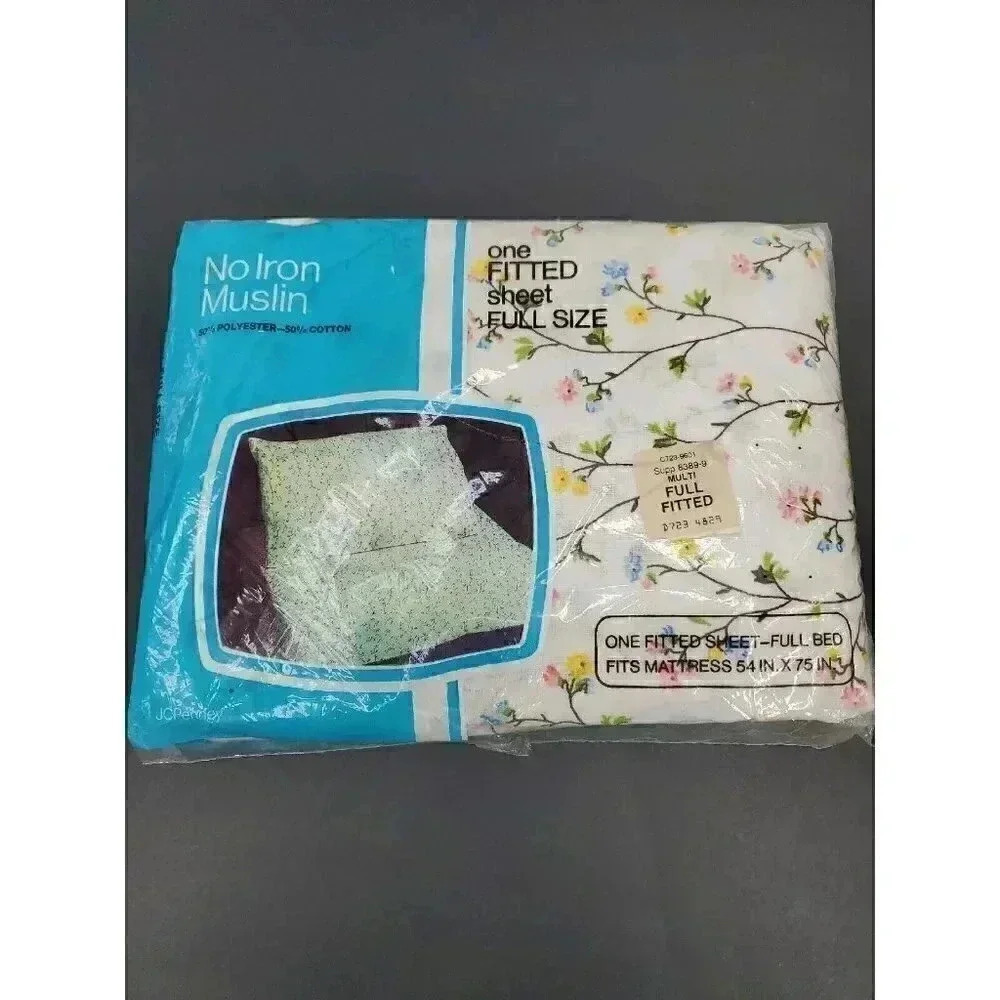 Vintage JcPenney New In Package No Iron Muslin Fitted Sheet Full Size Floral NOS